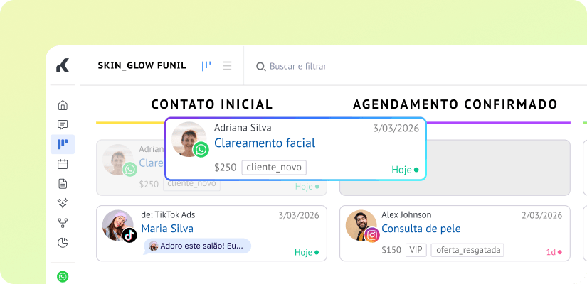 Funil do Kommo com cards de oportunidade por etapa